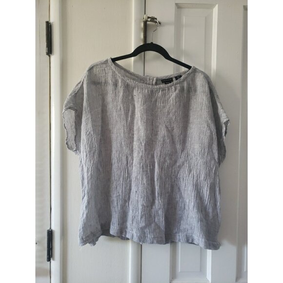 Tahari Linen Top Womens Short Sleeve Slub L Gray Neutral Boxy - Picture 1 of 7
